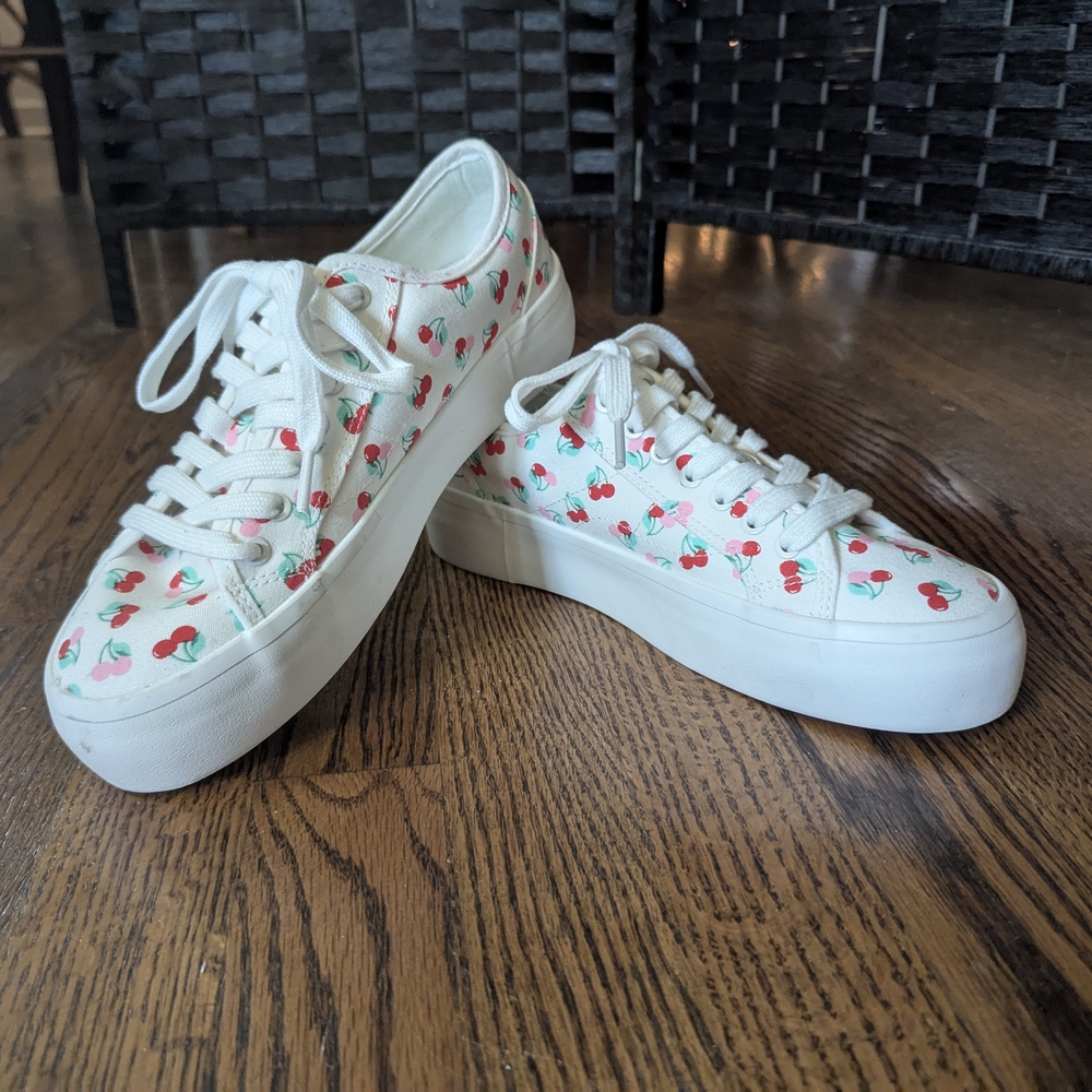 Sincerely Jules White Cherry Print Platform Sneakers